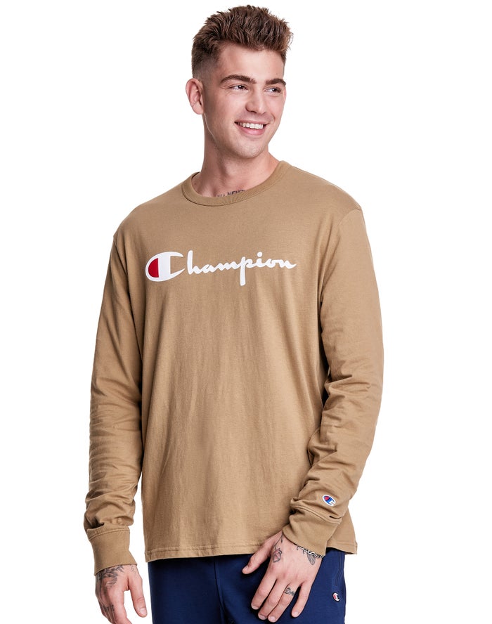 Champion Long-Sleeve Lightweight Script Logo Erkek Tişört Haki ( ZIBPXG837 )